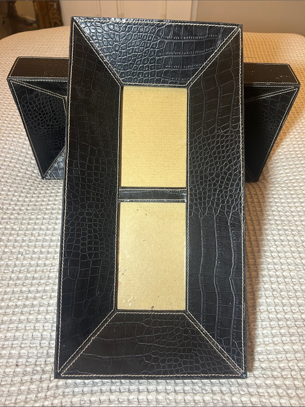 Pier 1 Black Faux Croc Double Opening Picture Frame with Contrast Stitching Set